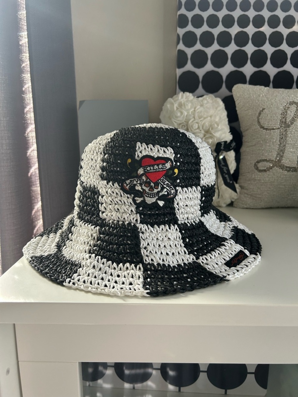 Ed Hardy Black & White Check Crochet Bucket Hat with Heart Skull Patch